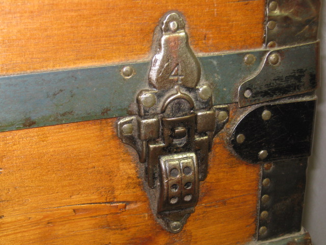 Vtg Antique Custom Flat Top Steamer Trunk Chest 2 Trays 4 Wheels Eagle Lock +Key 5