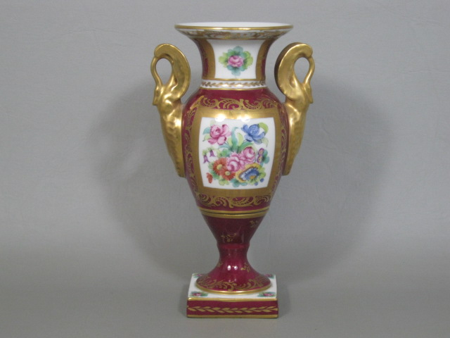 Antique 8" Limoges Vase Urn Gilt Hand Painted Floral Swan Handles Artist Signed