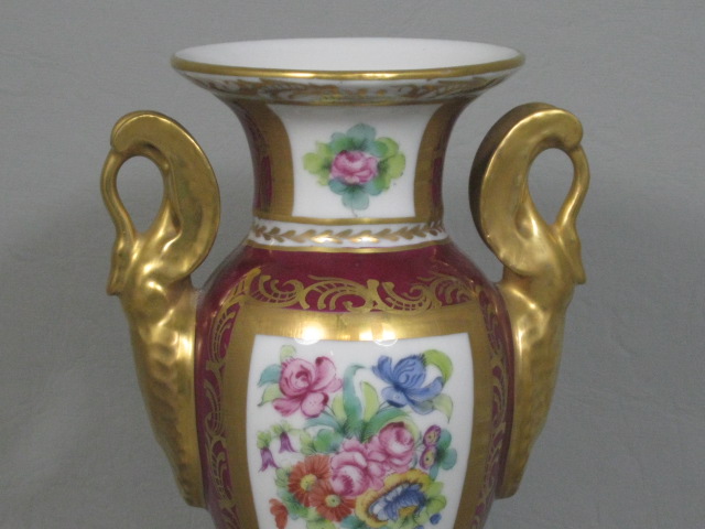 Antique 8" Limoges Vase Urn Gilt Hand Painted Floral Swan Handles Artist Signed 1