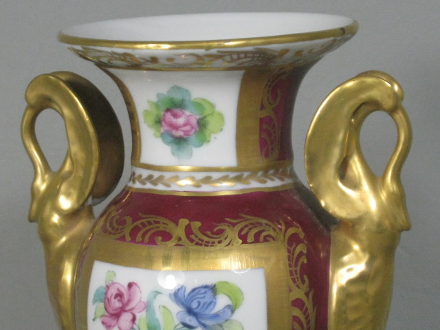 Antique 8" Limoges Vase Urn Gilt Hand Painted Floral Swan Handles Artist Signed 2