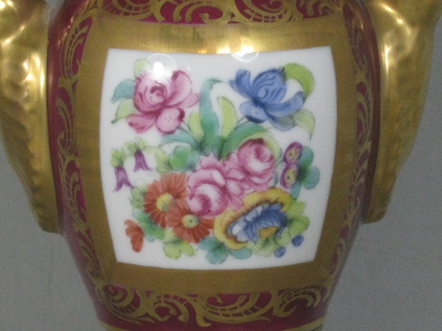 Antique 8" Limoges Vase Urn Gilt Hand Painted Floral Swan Handles Artist Signed 3