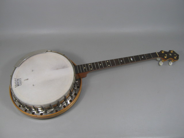 Vintage Autocrat 4 String Banjo Resonator 19 Frets MOP Inlay Armrest Case Strap 1
