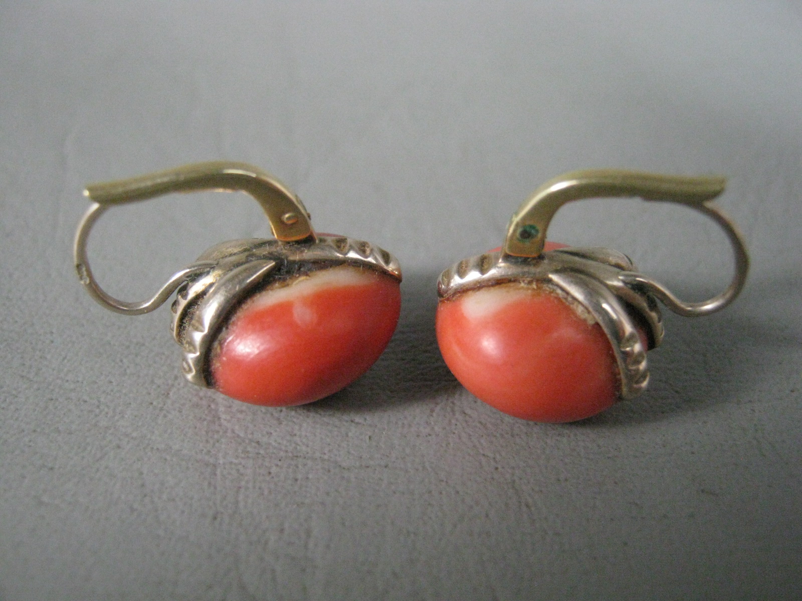 Vintage Antique 585 14K 14 Karat Yellow Gold Red Coral Earrings Estate Jewelry 3