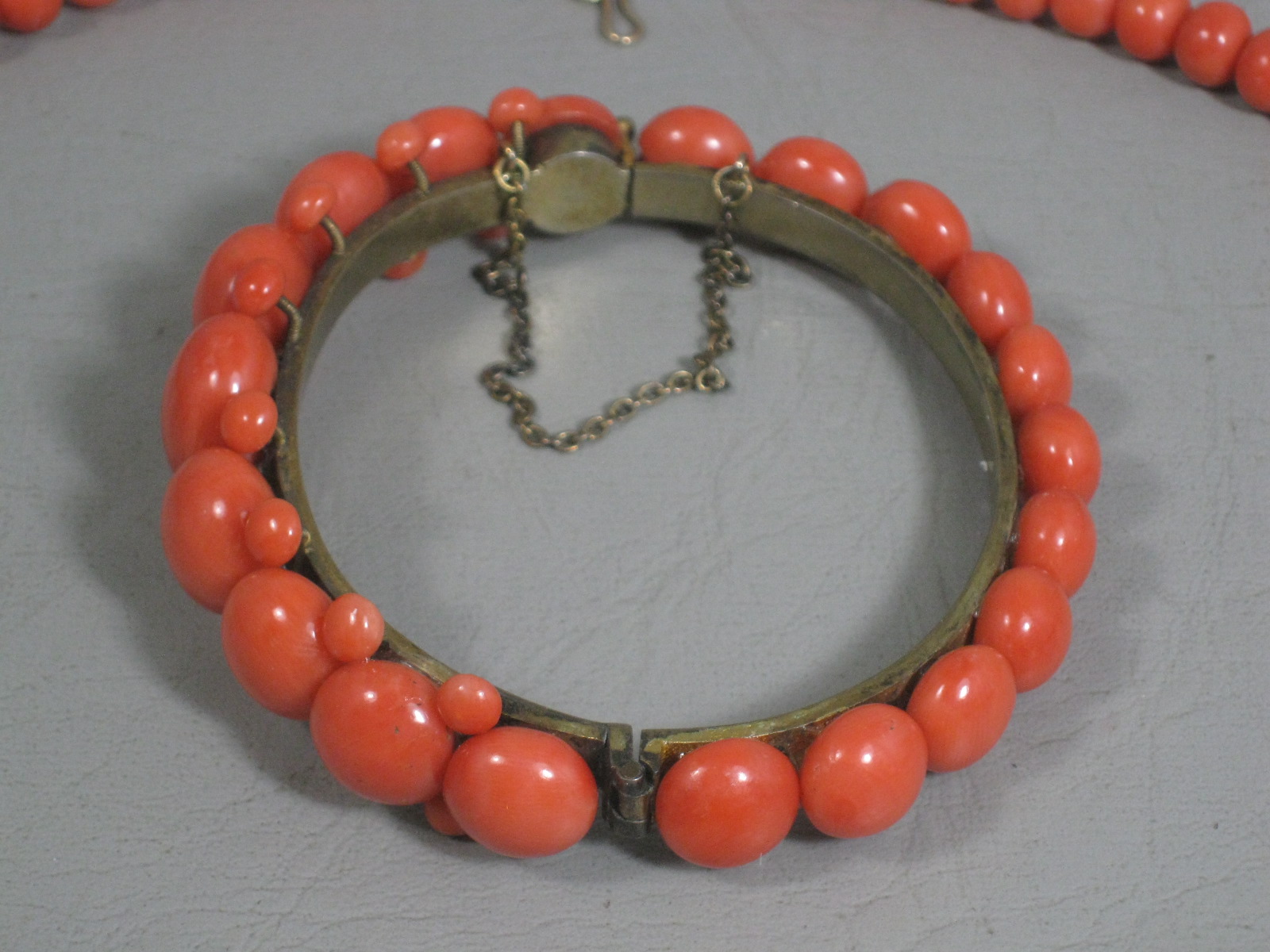Vintage Antique Red Coral 23" Necklace & Bracelet & Brooch Set Estate Jewelry NR 2