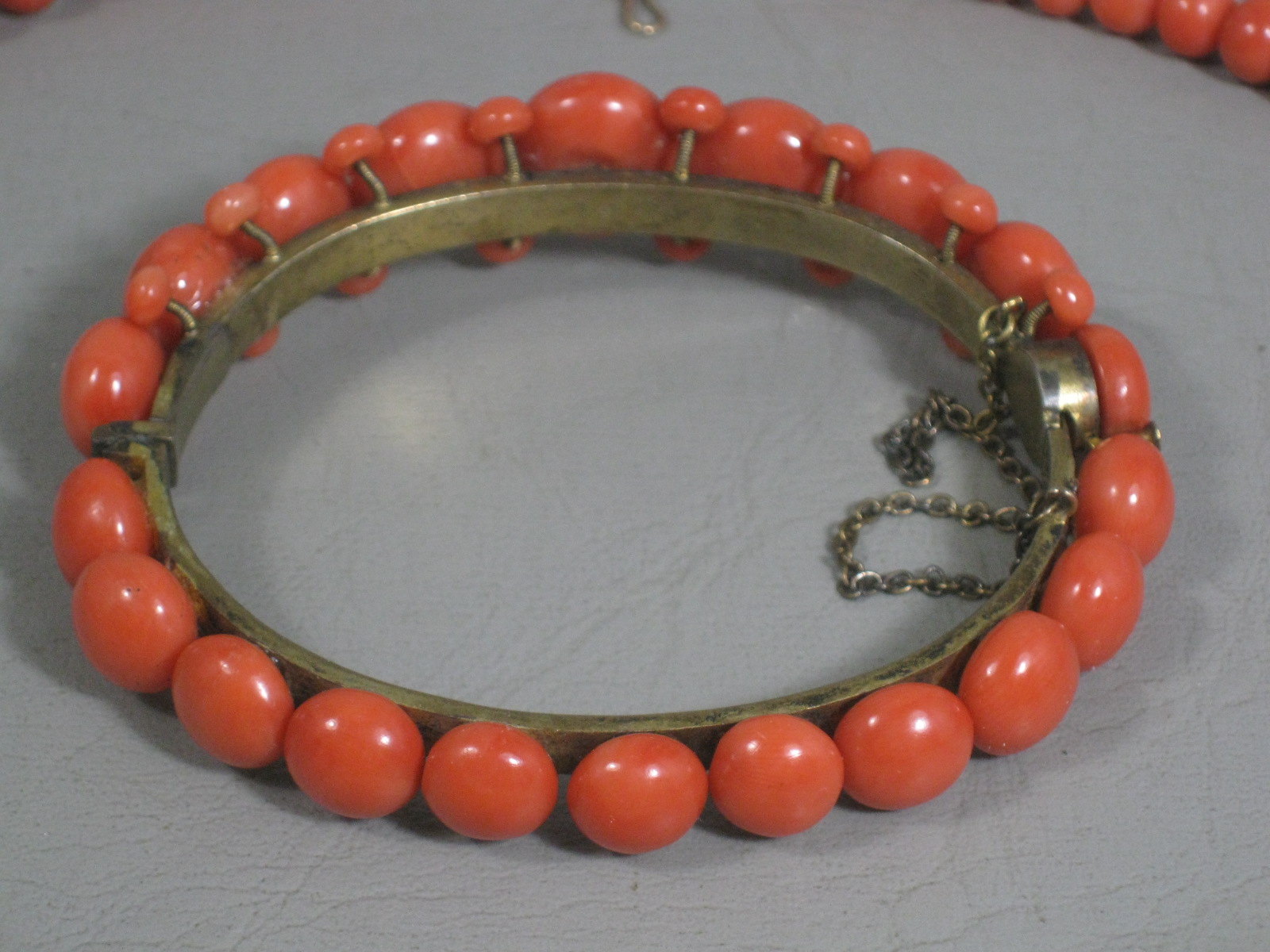 Vintage Antique Red Coral 23" Necklace & Bracelet & Brooch Set Estate Jewelry NR 3