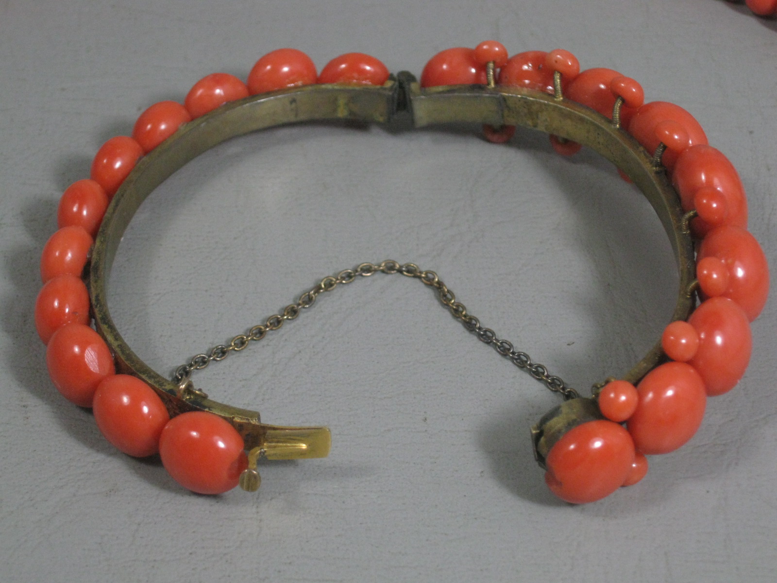Vintage Antique Red Coral 23" Necklace & Bracelet & Brooch Set Estate Jewelry NR 4