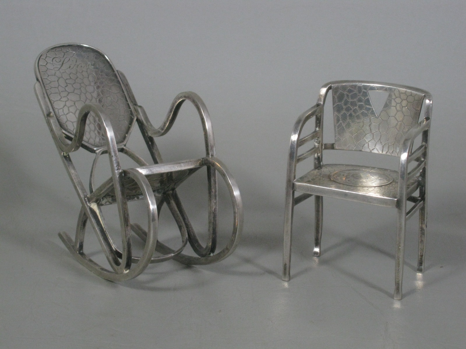 2 Vtg Antique Sterling? Silver Miniature Coin Chairs 1893 1/2 Dollar 1896 Korona