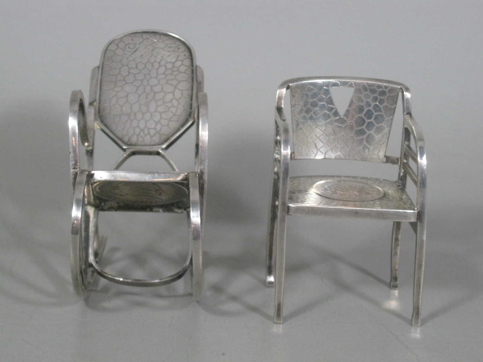 2 Vtg Antique Sterling? Silver Miniature Coin Chairs 1893 1/2 Dollar 1896 Korona 1