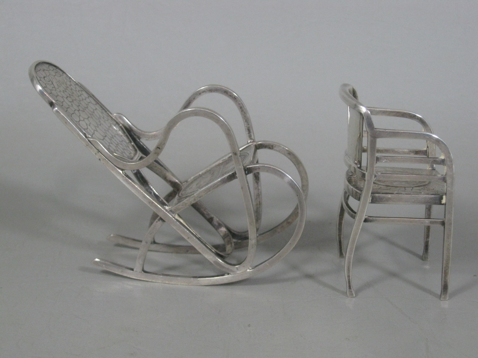 2 Vtg Antique Sterling? Silver Miniature Coin Chairs 1893 1/2 Dollar 1896 Korona 2