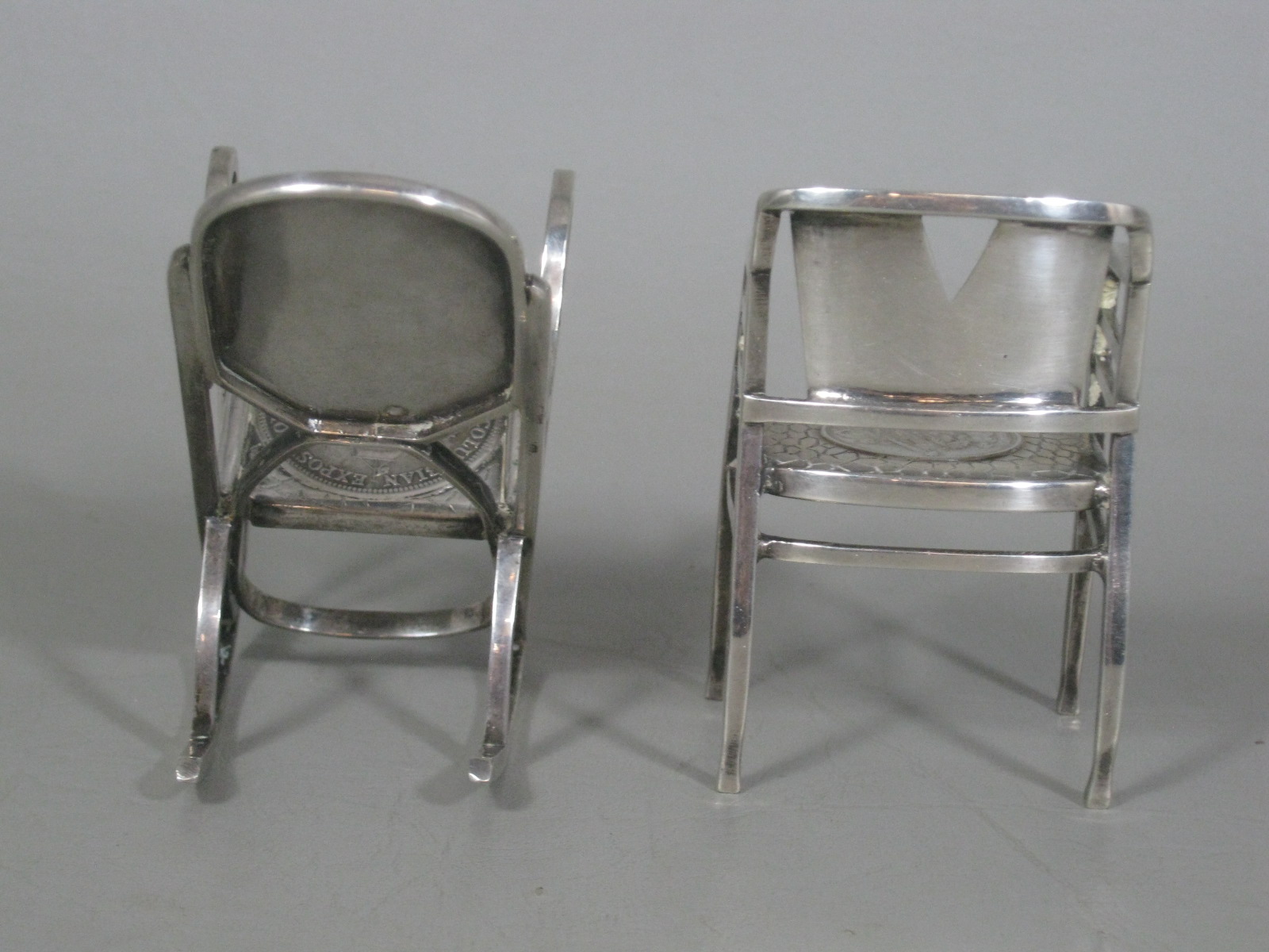 2 Vtg Antique Sterling? Silver Miniature Coin Chairs 1893 1/2 Dollar 1896 Korona 4