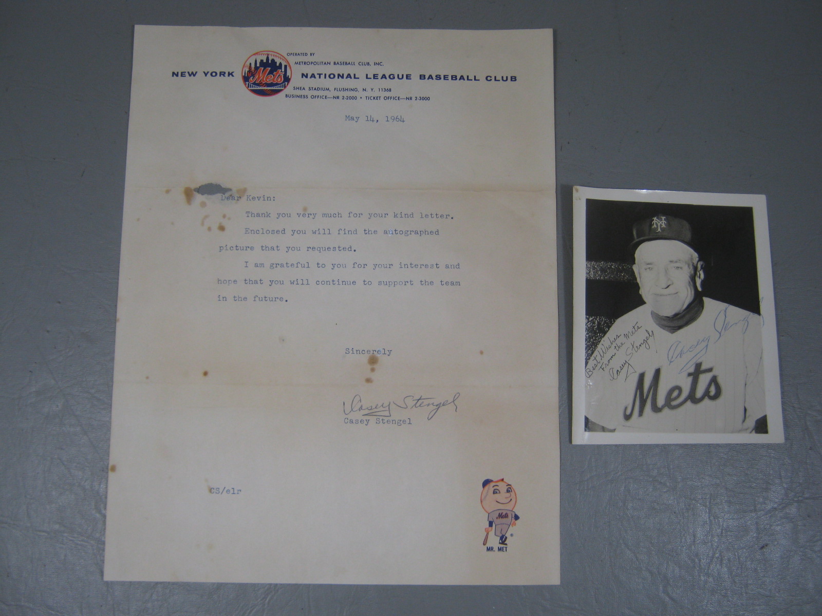 Rare Original Casey Stengel Signed 1964 NY Mets Letter + Photo 2 Autographs! NR!