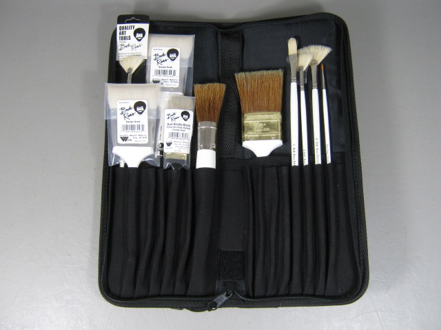 New 10 Bob Ross Unused Paint Brushes W/Black Zipper Canvas Case Art Supplies Lot