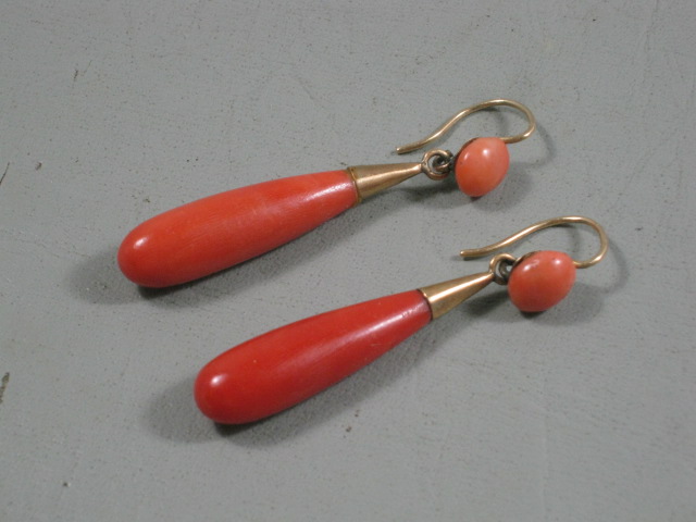 Vintage Antique Genuine Undyed Red Salmon Coral Earrings Gold? Estate Jewelry NR