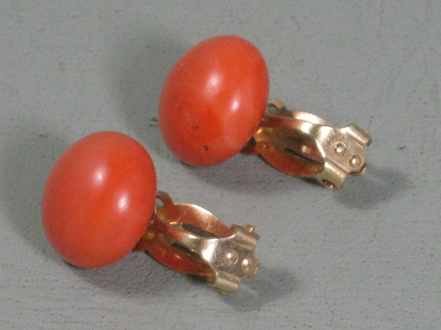 Vintage Antique 14K Gold Genuine Undyed Red Salmon Coral Clip-On Earrings NR! 1