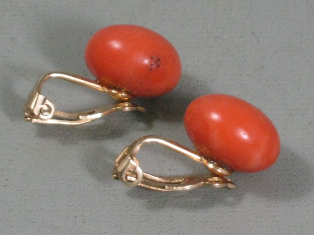Vintage Antique 14K Gold Genuine Undyed Red Salmon Coral Clip-On Earrings NR! 3
