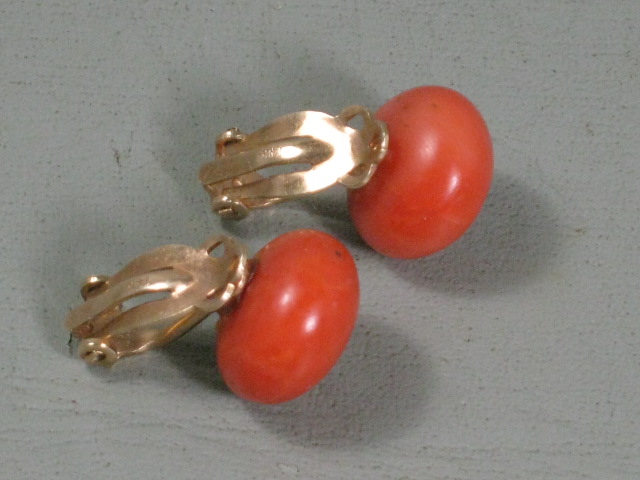 Vintage Antique 14K Gold Genuine Undyed Red Salmon Coral Clip-On Earrings NR! 4