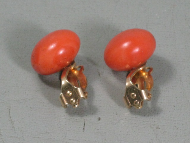 Vintage Antique 14K Gold Genuine Undyed Red Salmon Coral Clip-On Earrings NR! 5