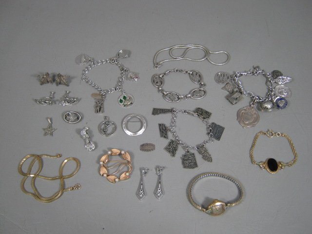 Vtg Sterling Silver Gold GF Jewelry Lot Earrings Charm Bracelets Bulova Watch NR