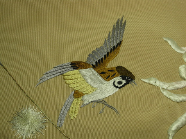 Antique 1890 Japanese Embroidered Silk Wall Hanging Panel Banner Floral Bird NR! 6