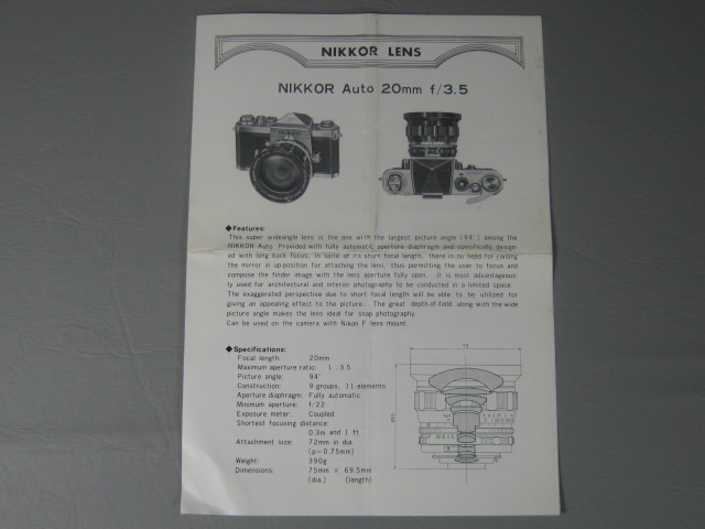 Nikon Nikkor-UD Auto 20mm F/3.5 Nippon Kogaku Non-AI Wide Angle Lens NO RES! 7
