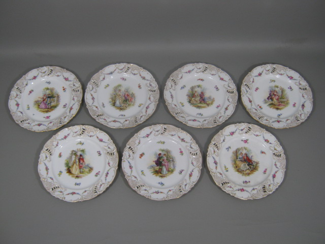 7 Antique Helena Wolfsohn Hand Painted Reticulated Cabinet Plates Dresden Crown