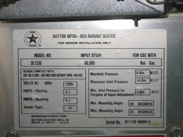 Dayton 3E133 Infra-Red Radiant Industrial Natural Gas Heater 60,000 60K BTU NR! 2