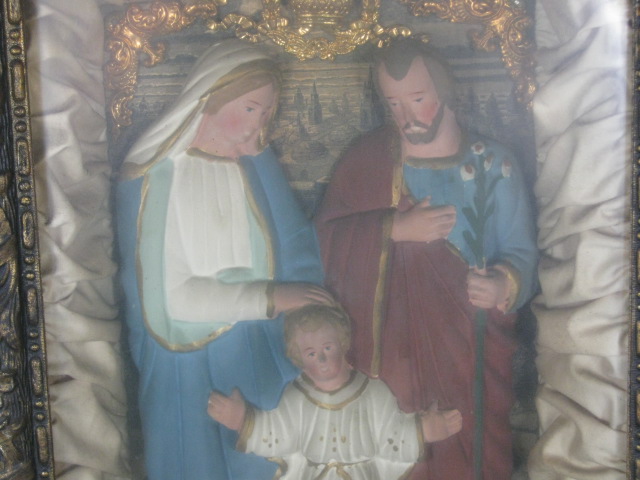 Vtg Antique Catholic Shadowbox Holy Family Mary Joseph Jesus Ornate Frame 1
