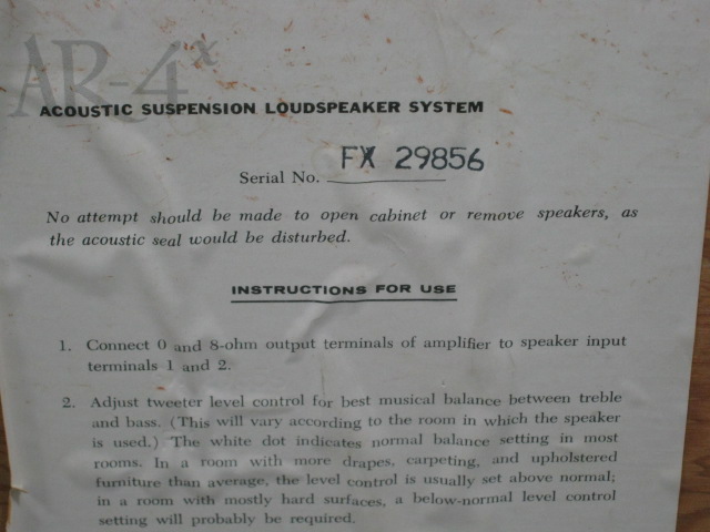 Single Vtg Acoustic Research AR-4x Suspension Loudspeaker System Speaker NO RES! 4