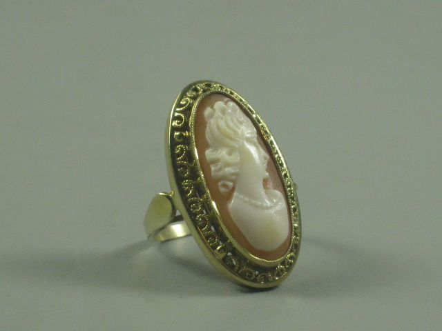 Ladies Vtg 14K Yellow Gold Rope Filigree Oblong Estate Cameo Ring Band Size 3.25