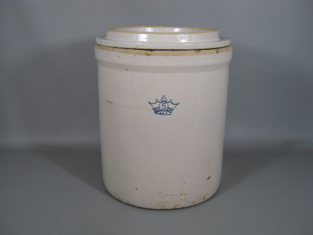 Antique Primitive Vtg 5 Gallon Stoneware Salt Glaze Crock W/ Lid + Crown Mark NR