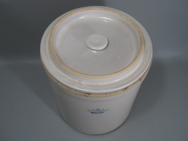 Antique Primitive Vtg 5 Gallon Stoneware Salt Glaze Crock W/ Lid + Crown Mark NR 4