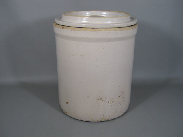 Antique Primitive Vtg 5 Gallon Stoneware Salt Glaze Crock W/ Lid + Crown Mark NR 6