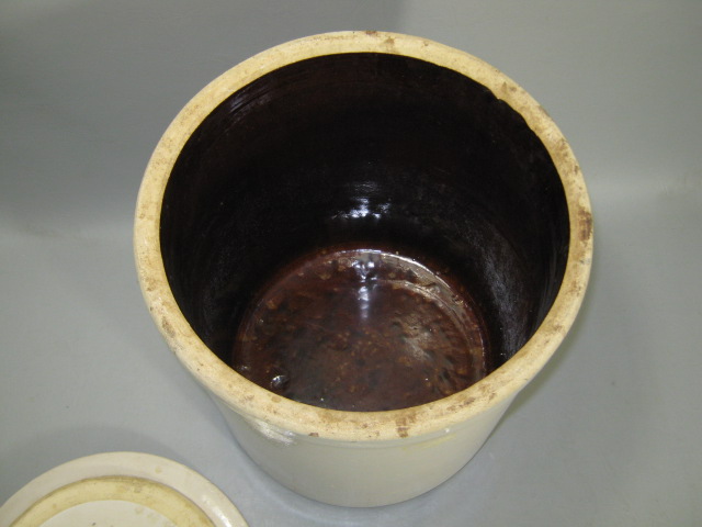 Antique Primitive Vtg 5 Gallon Stoneware Salt Glaze Crock W/ Lid + Crown Mark NR 9