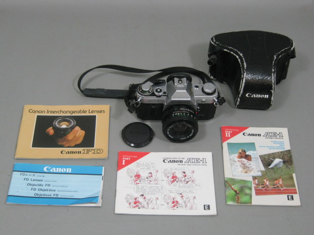 Canon AE-1 35mm SLR Film Camera + 50mm FD f/1.8 Lens + Case + Manuals Bundle NR!