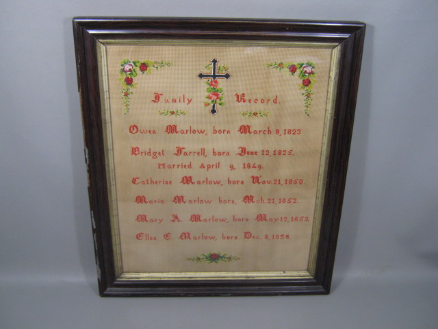 Antique Framed Marlow Family Record Needlepoint Cross Stitch Sampler 1823-1858