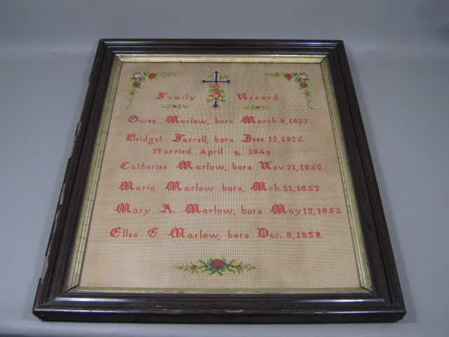 Antique Framed Marlow Family Record Needlepoint Cross Stitch Sampler 1823-1858 1