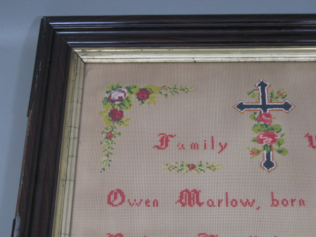Antique Framed Marlow Family Record Needlepoint Cross Stitch Sampler 1823-1858 2