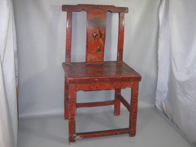 Antique Chinese Wood Wooden Chair Hand Carved & Painted 35" Tall No Reserve
