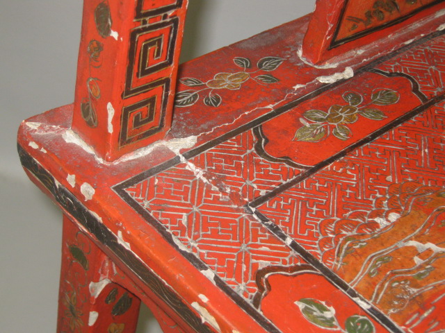 Antique Chinese Wood Wooden Chair Hand Carved & Painted 35" Tall No Reserve 16
