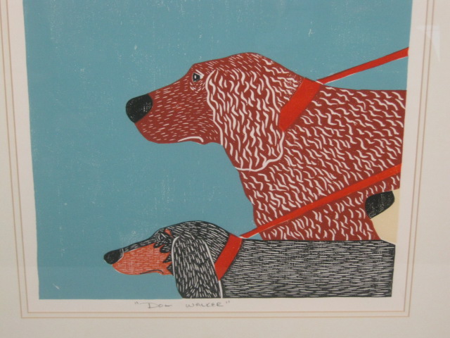 RARE Stephen Huneck 1996 Original Signed Woodcut Triptych Dog Walker #1 of 250 2