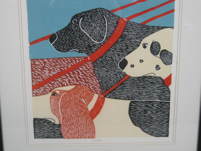 RARE Stephen Huneck 1996 Original Signed Woodcut Triptych Dog Walker #1 of 250 6