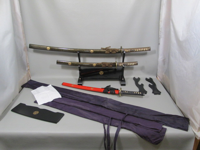 3 Samurai Katana Wakizashi Sword Lot Wood Wooden Display Stand Bags Extra Parts