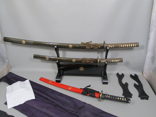 3 Samurai Katana Wakizashi Sword Lot Wood Wooden Display Stand Bags Extra Parts 1