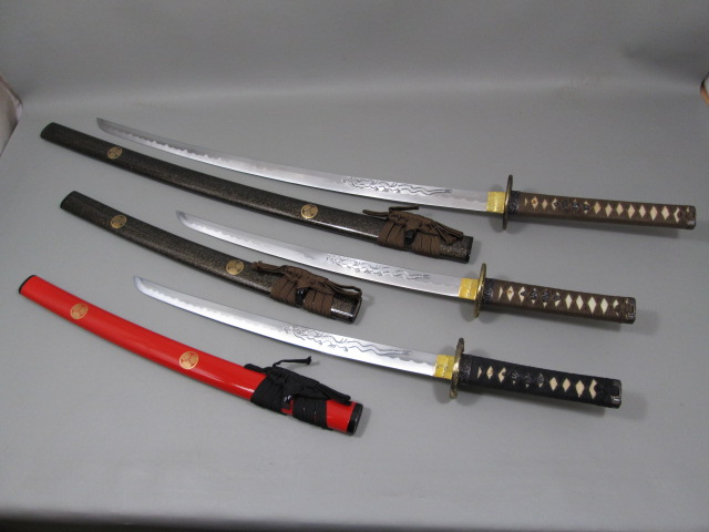 3 Samurai Katana Wakizashi Sword Lot Wood Wooden Display Stand Bags Extra Parts 2