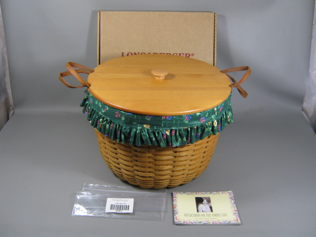 Longaberger Corn Basket W/Lid Emerald Vine Liner Protector 1998 Leather Straps