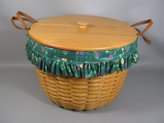 Longaberger Corn Basket W/Lid Emerald Vine Liner Protector 1998 Leather Straps 1