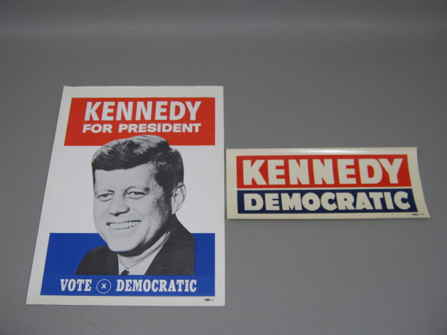 Vtg Original 1960 JFK John F Kennedy Presidential Campaign Poster +Bumpersticker