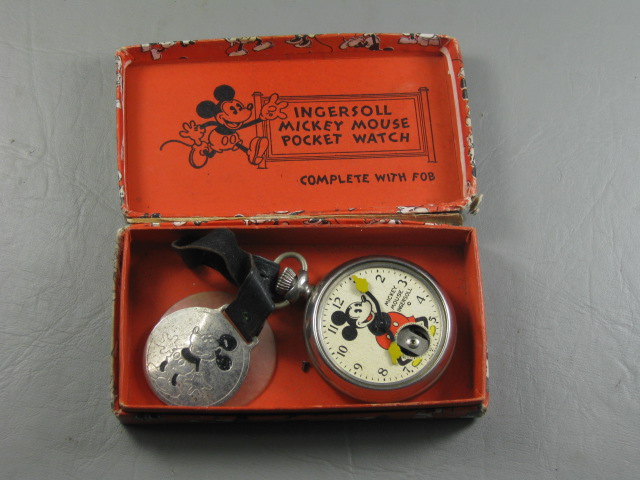 Vtg 1930s Ingersoll Walt Disney Mickey Mouse Pocket Watch W/ Fob + Box AS-IS NR!