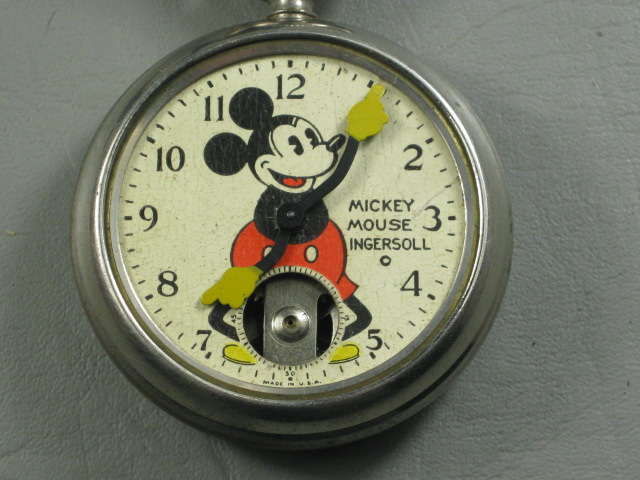 Vtg 1930s Ingersoll Walt Disney Mickey Mouse Pocket Watch W/ Fob + Box AS-IS NR! 1