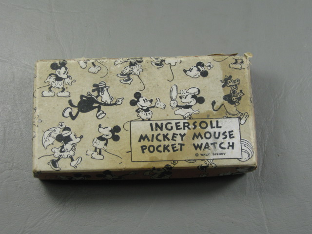 Vtg 1930s Ingersoll Walt Disney Mickey Mouse Pocket Watch W/ Fob + Box AS-IS NR! 6